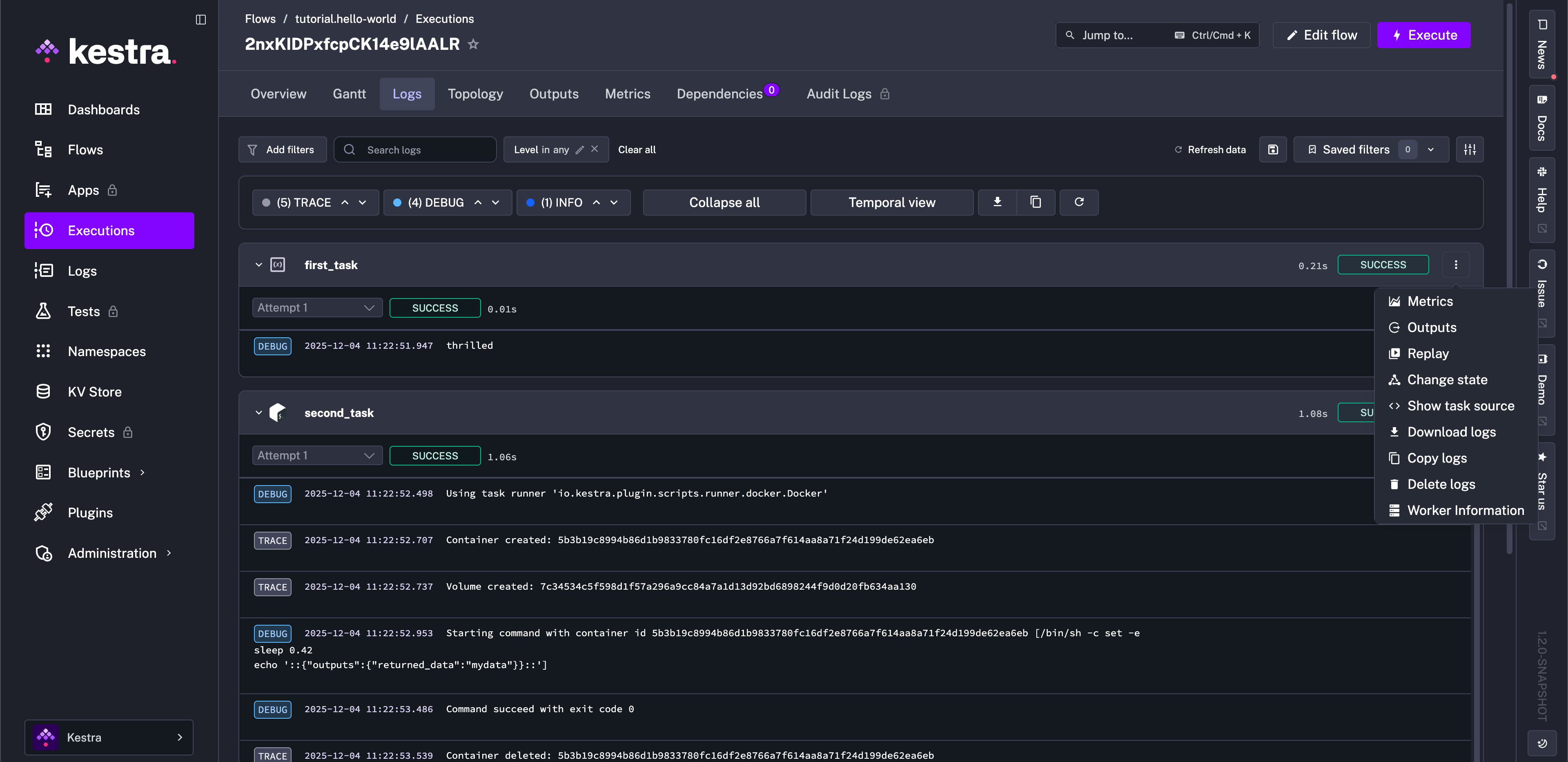 Kestra User Interface Execution Log