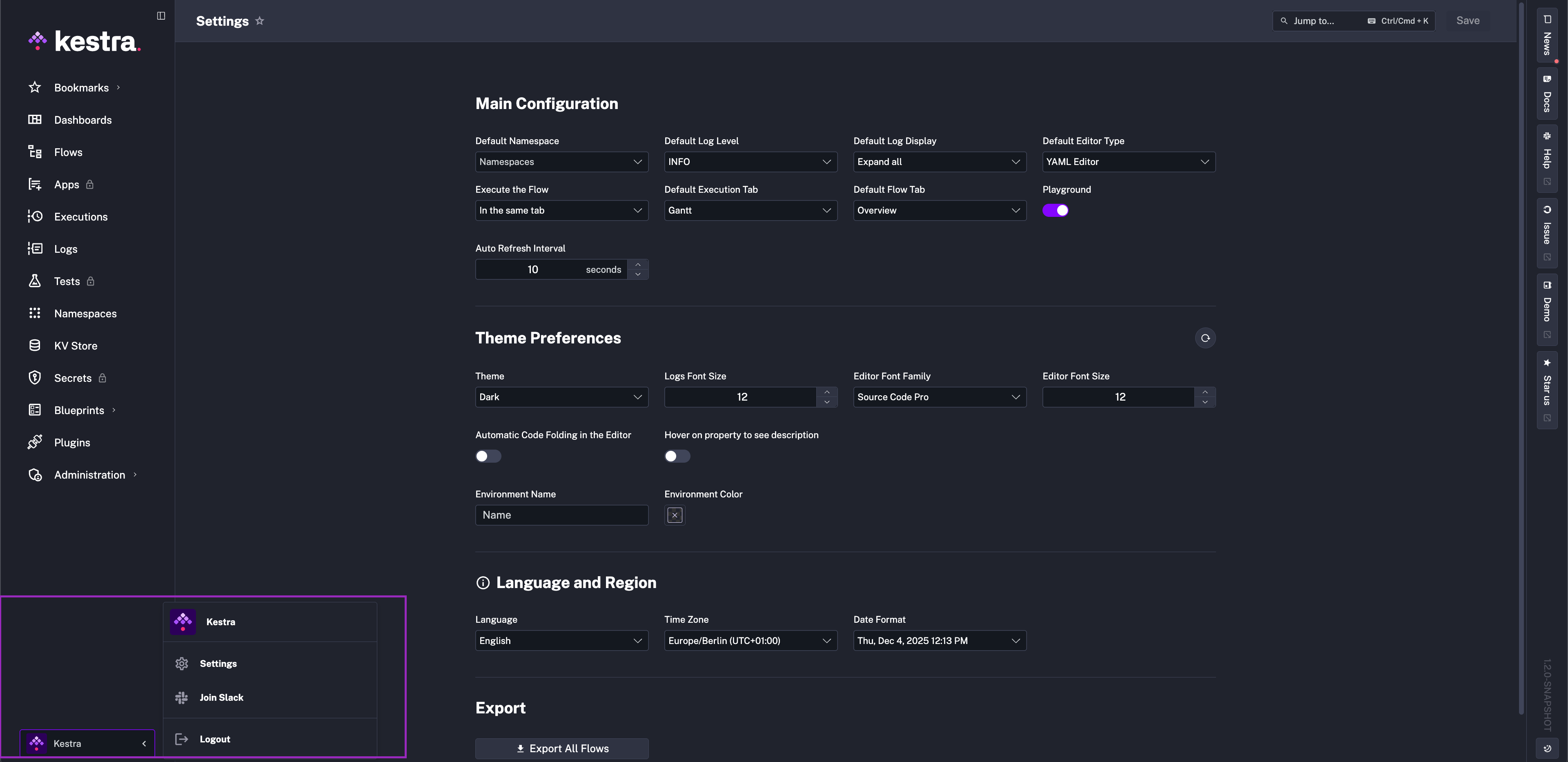 Kestra User Interface Settings Page