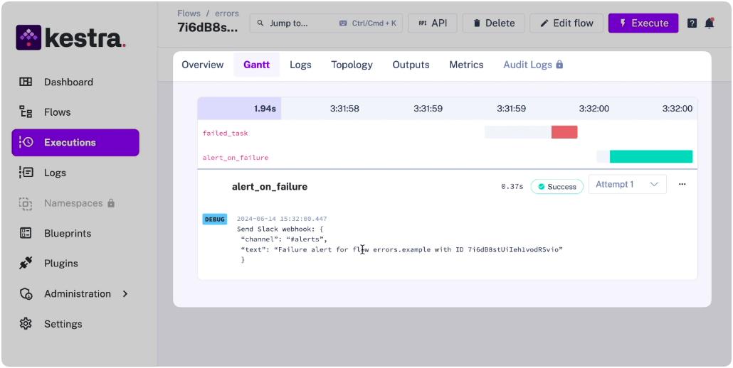 Kestra execution view: Gantt chart showing airbyte_sync completing, then trigger_dbt_cloud running, then refresh_hightouch, with real-time logs streaming below