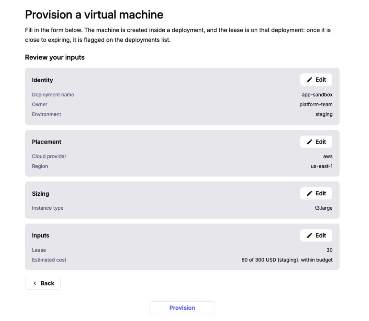A Kestra App for provisioning a virtual machine. The requester reviews the inputs, the lease, and the estimated cost against the budget before submitting; approval and provisioning run as steps in the same flow.