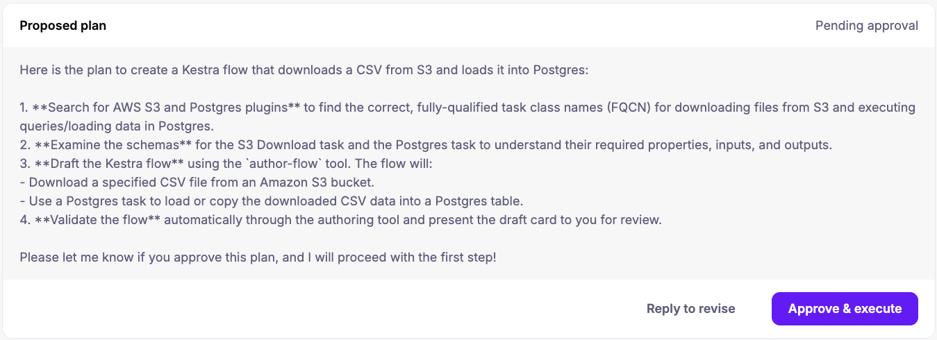 A Copilot plan held at Pending approval, with Reply to revise and Approve & execute as the only ways forward