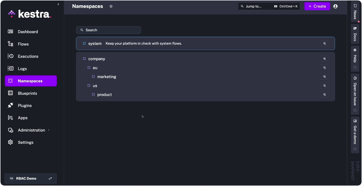 Kestra namespace hierarchy isolating team domains by region and function