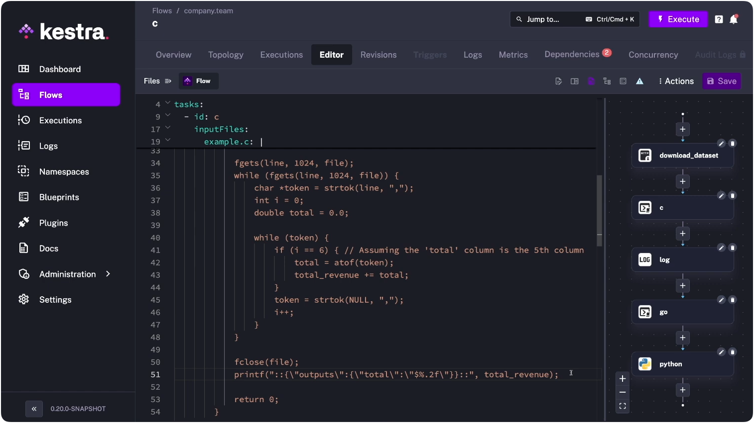 Kestra workflow with tasks in C, Go, and Python running in the same flow