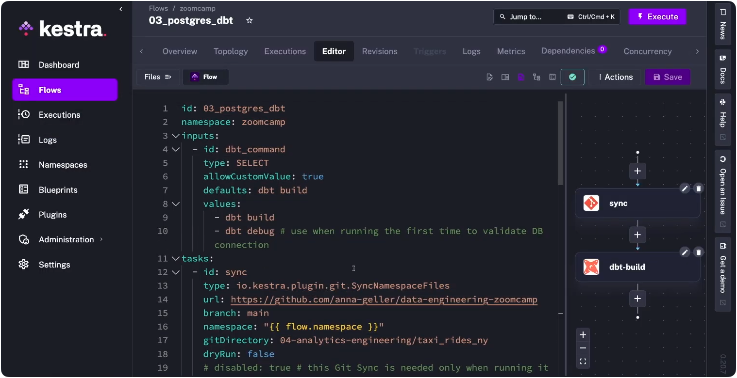 Kestra's workflow editor: YAML on the left, live DAG topology on the right — showing a git sync followed by a dbt build task