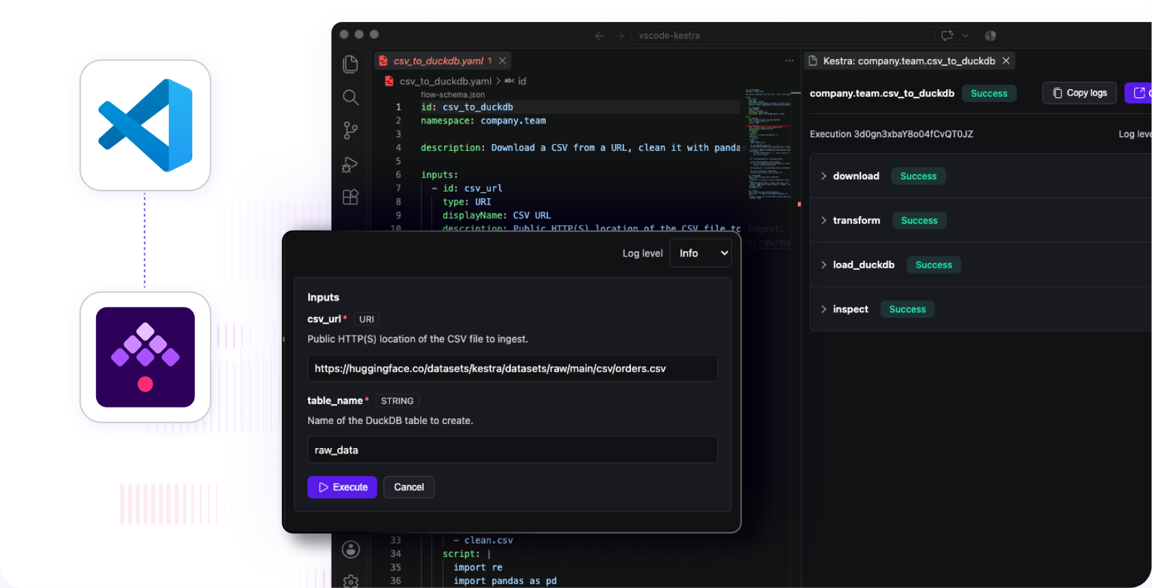 The Kestra VS Code extension editing a flow with live validation