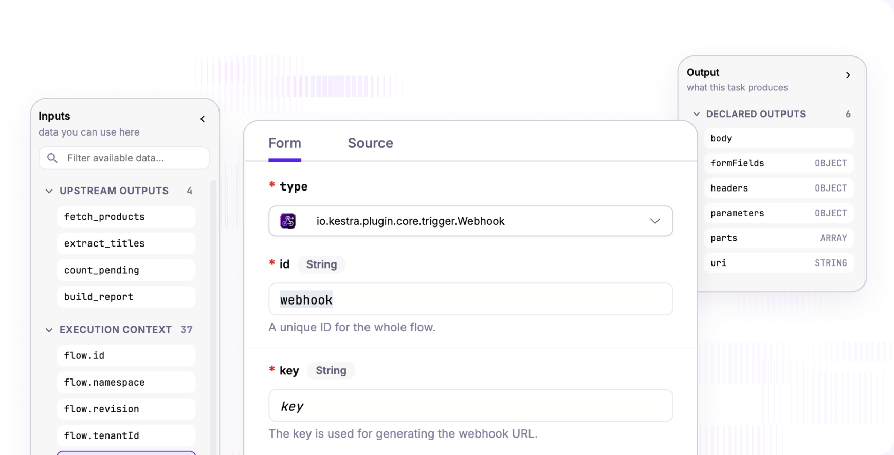 The no-code editor: an inputs panel, a guided form for a webhook trigger and the declared outputs
