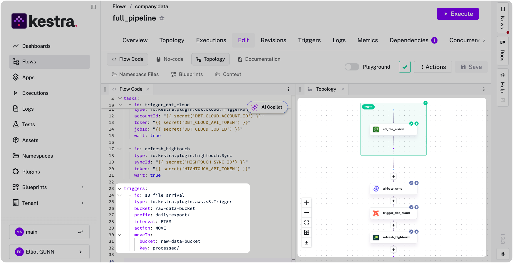 Kestra workflow editor showing the full_pipeline flow with the S3 event trigger: YAML on the left, DAG topology on the right with three sequential task nodes and the s3_file_arrival trigger node