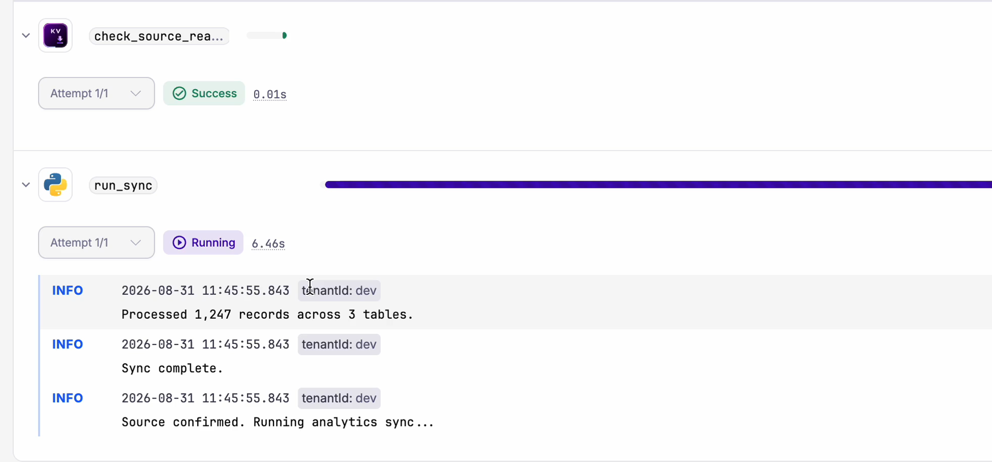 The execution the agent triggered, open on the Gantt view with the run_sync task logs
