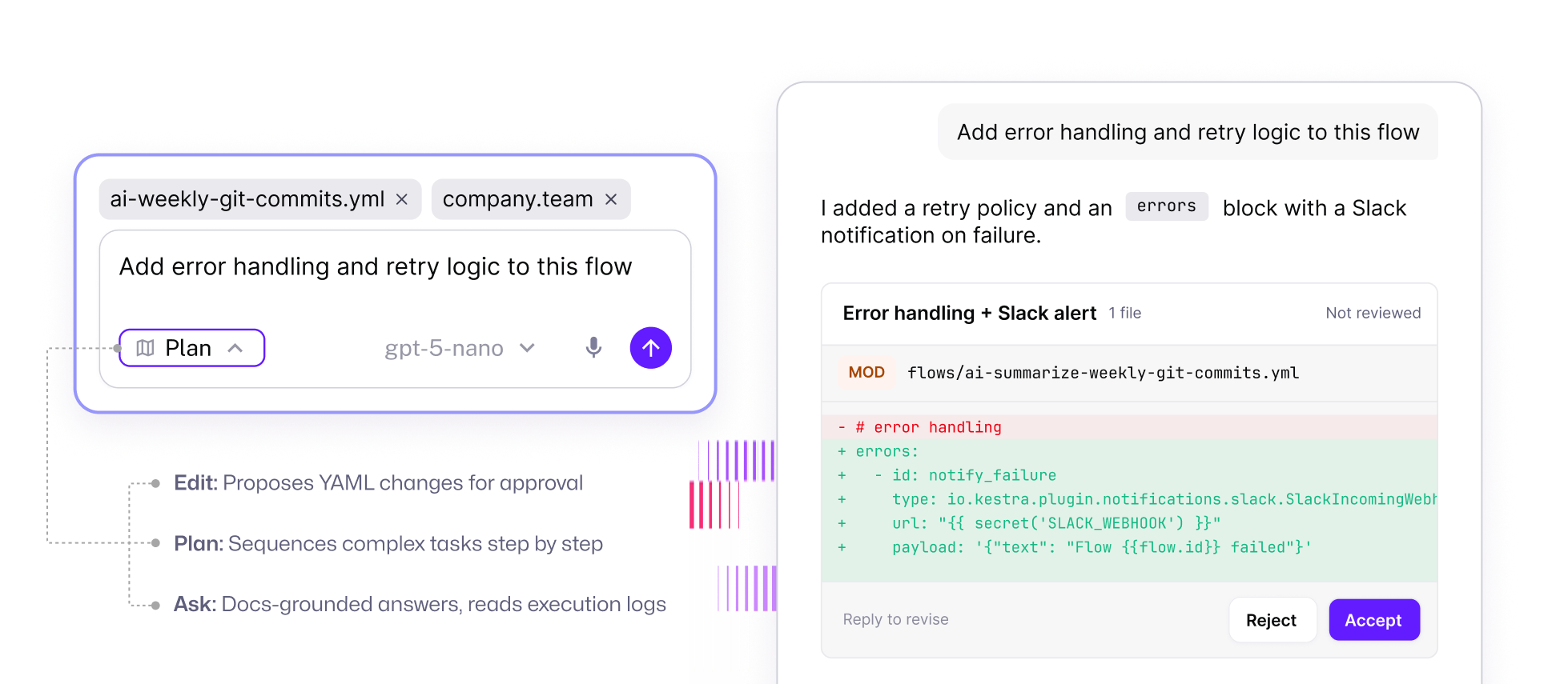 The Copilot sidebar proposing an error-handling change to a flow, with Accept and Reject buttons