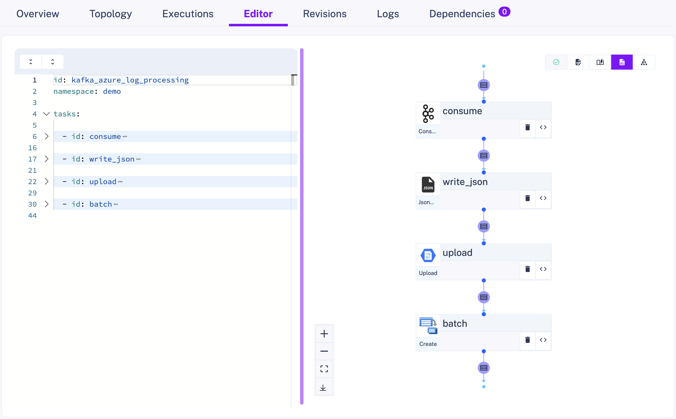 analyze process logs azure with kestra editor view
