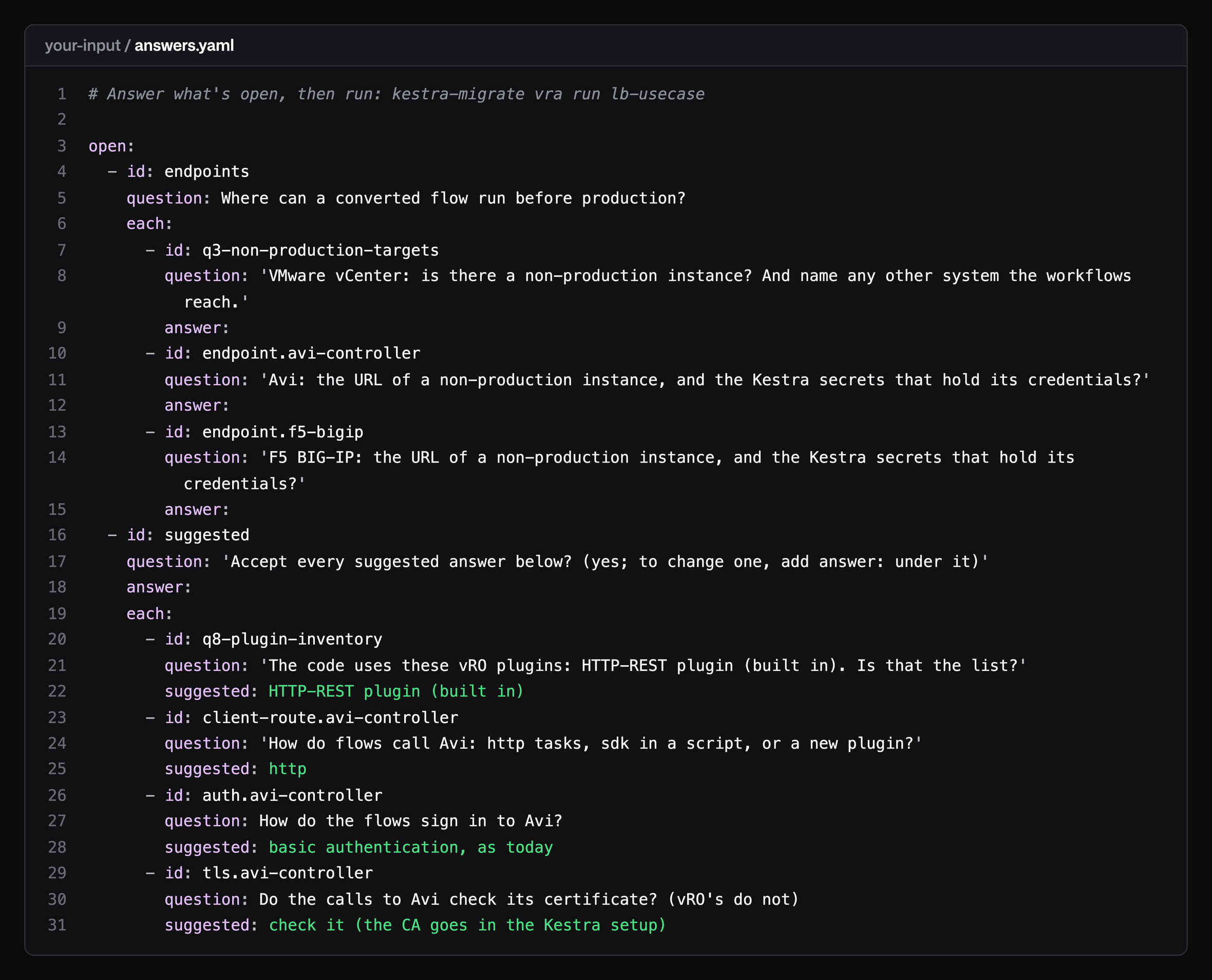 The answers.yaml file the Migration Assistant writes: open questions about the non-production vCenter, Avi and F5 endpoints, then suggested answers for the vRO plugin list, how flows call Avi, how they sign in and whether they check its certificate.