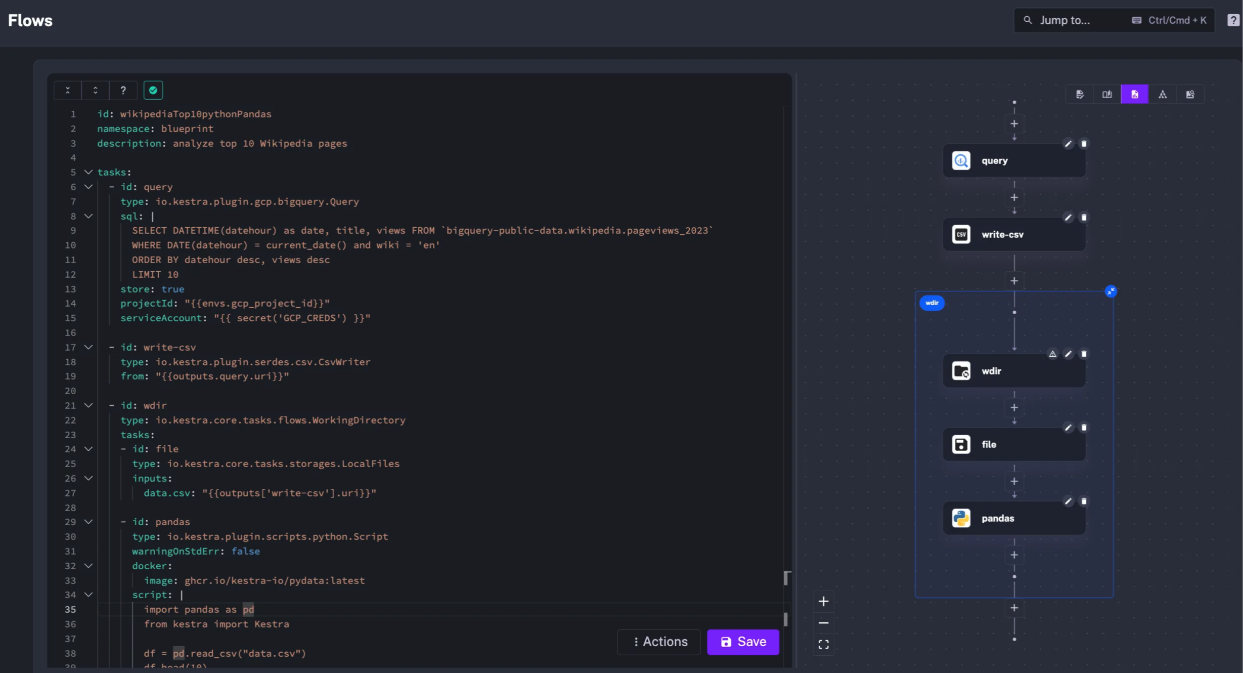 The workflow editor allows to define tasks fully using Kestra UI