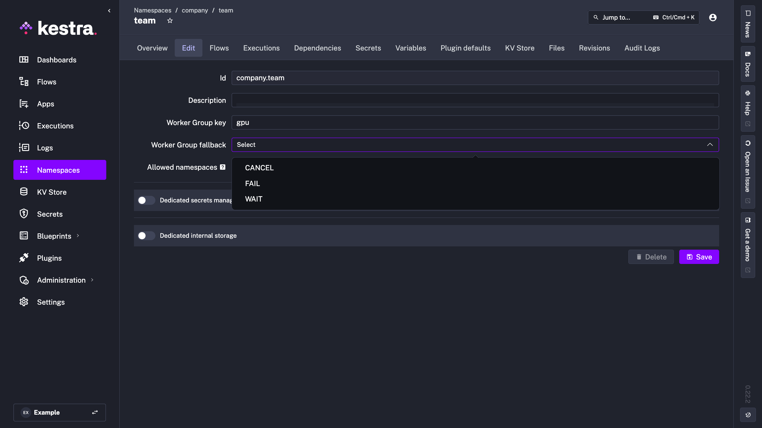 Configure Worker Group for a Namespace