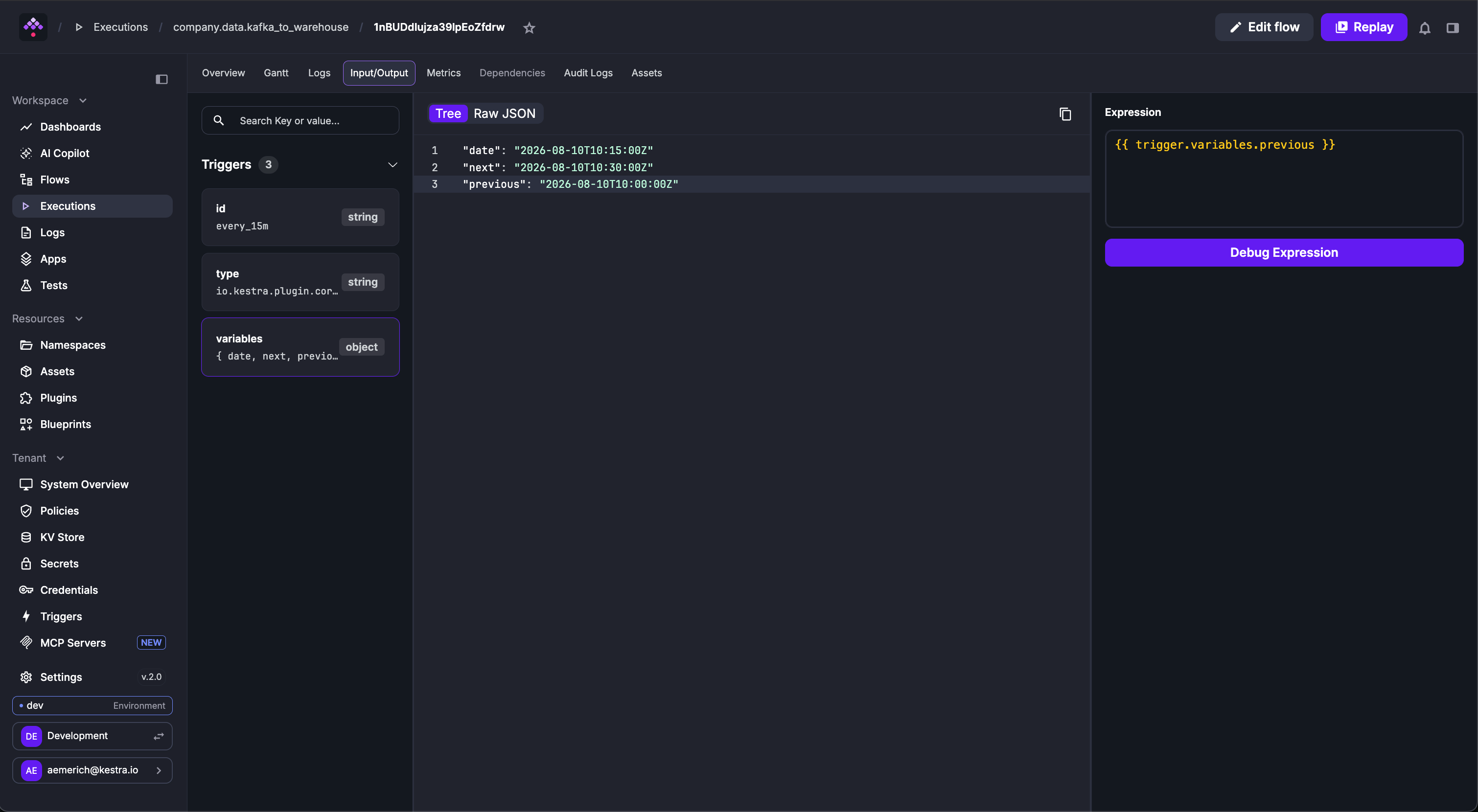 Kestra User Interface Execution Debug Expression