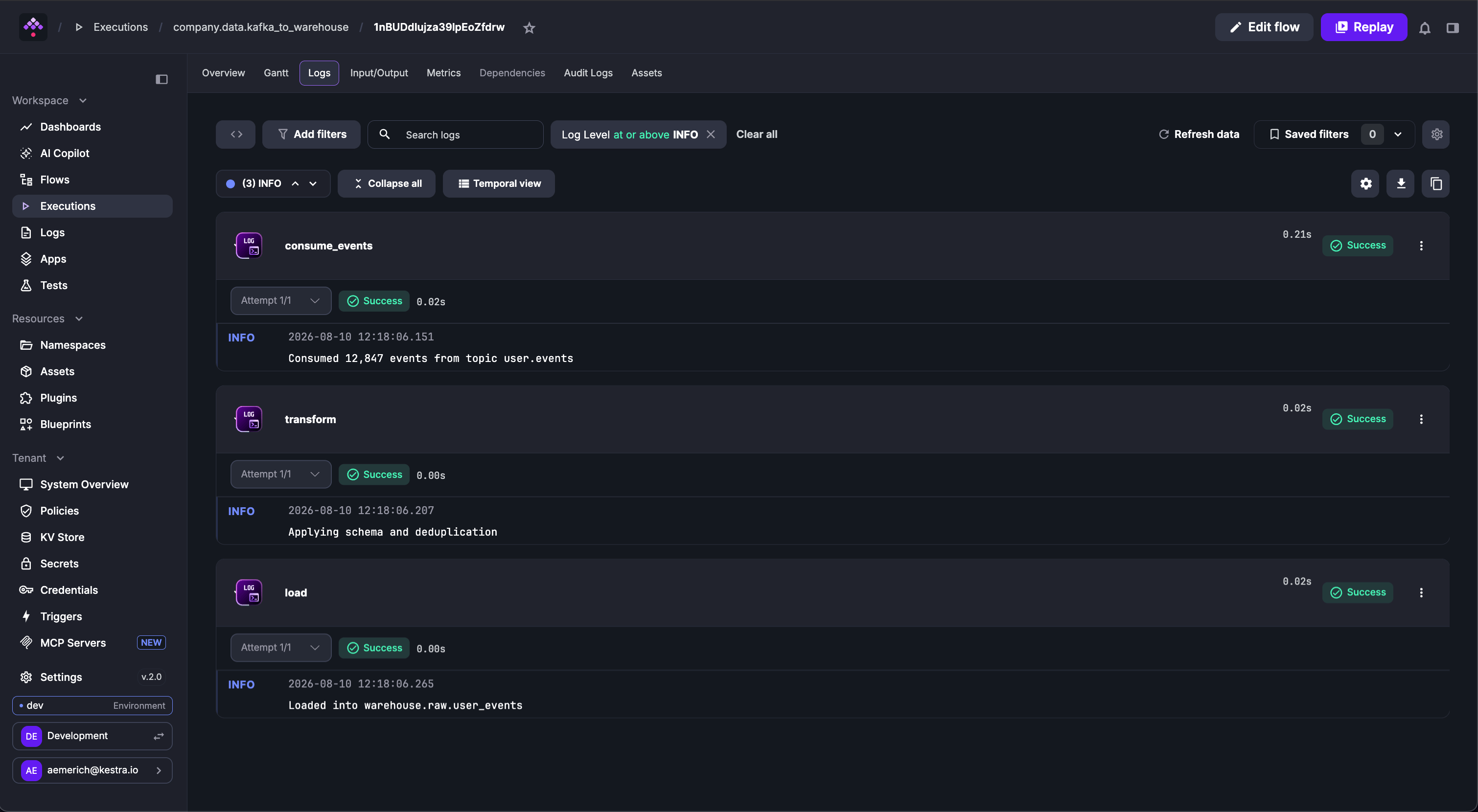 Kestra User Interface Execution Log