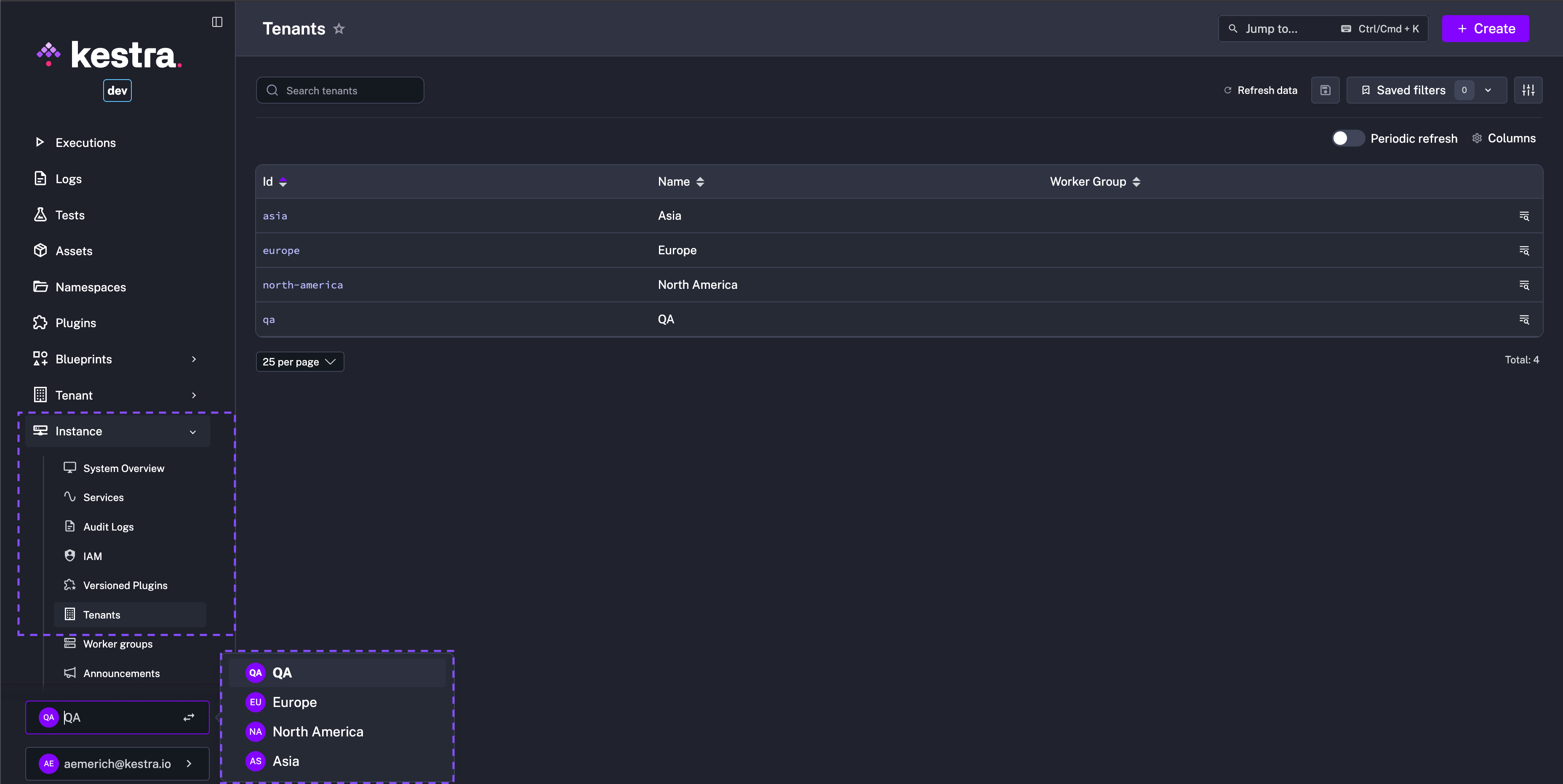 Tenants selection dropdown
