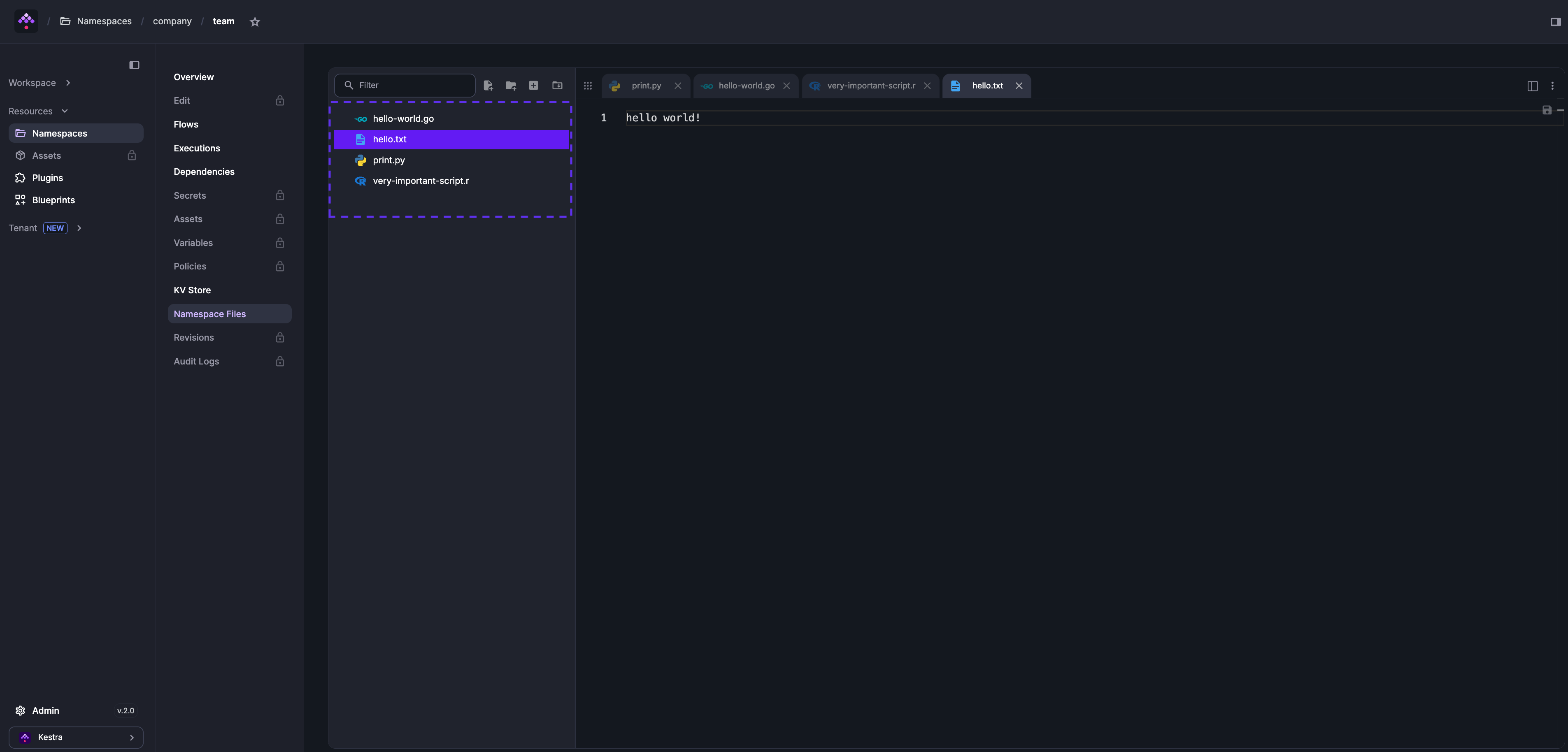 Namespace Files editor