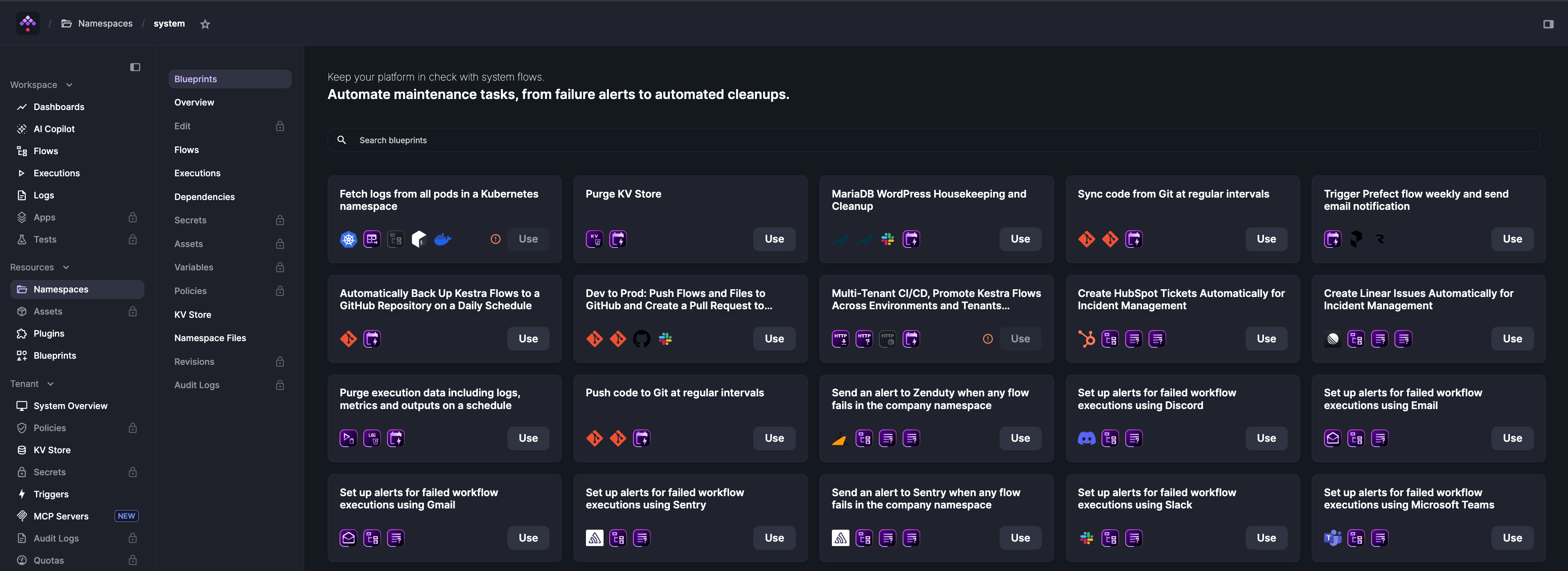 System Blueprints tab showing maintenance flow templates including purge, Git sync, and failure alert blueprints
