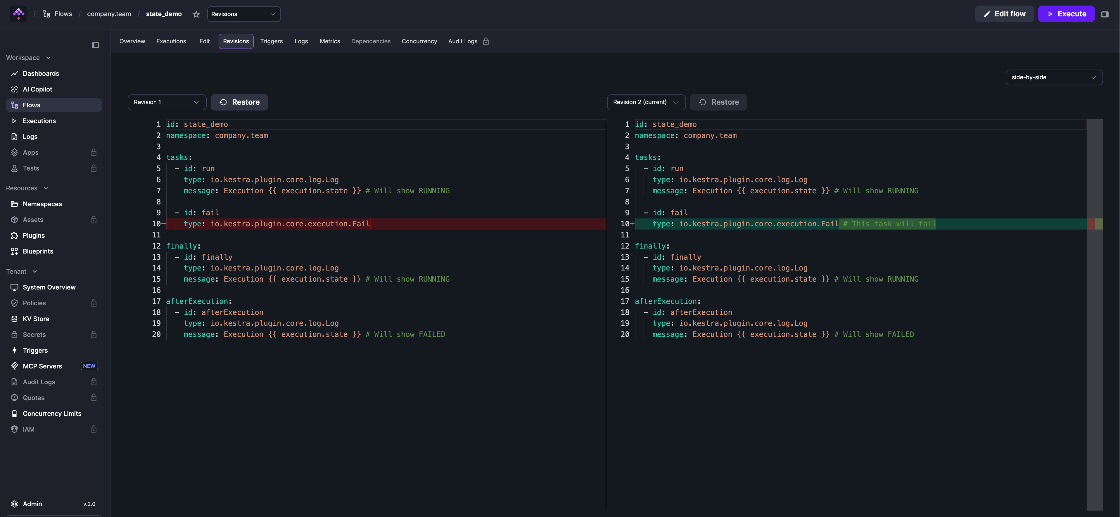 Side-by-side diff of two flow revisions in the Revisions tab