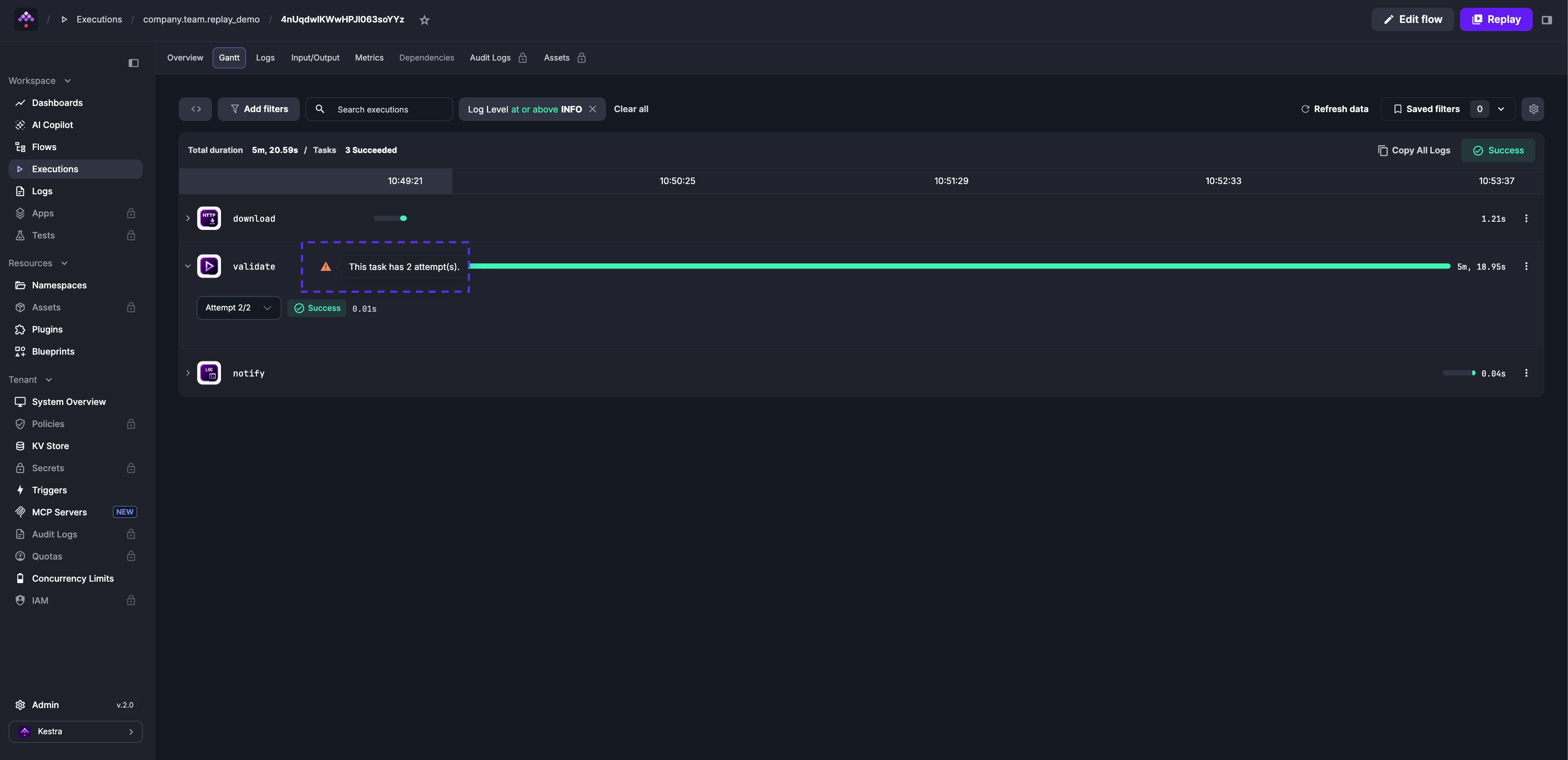 Gantt view of the replayed execution showing download skipped, validate with Attempt 2/2 succeeding, and notify running