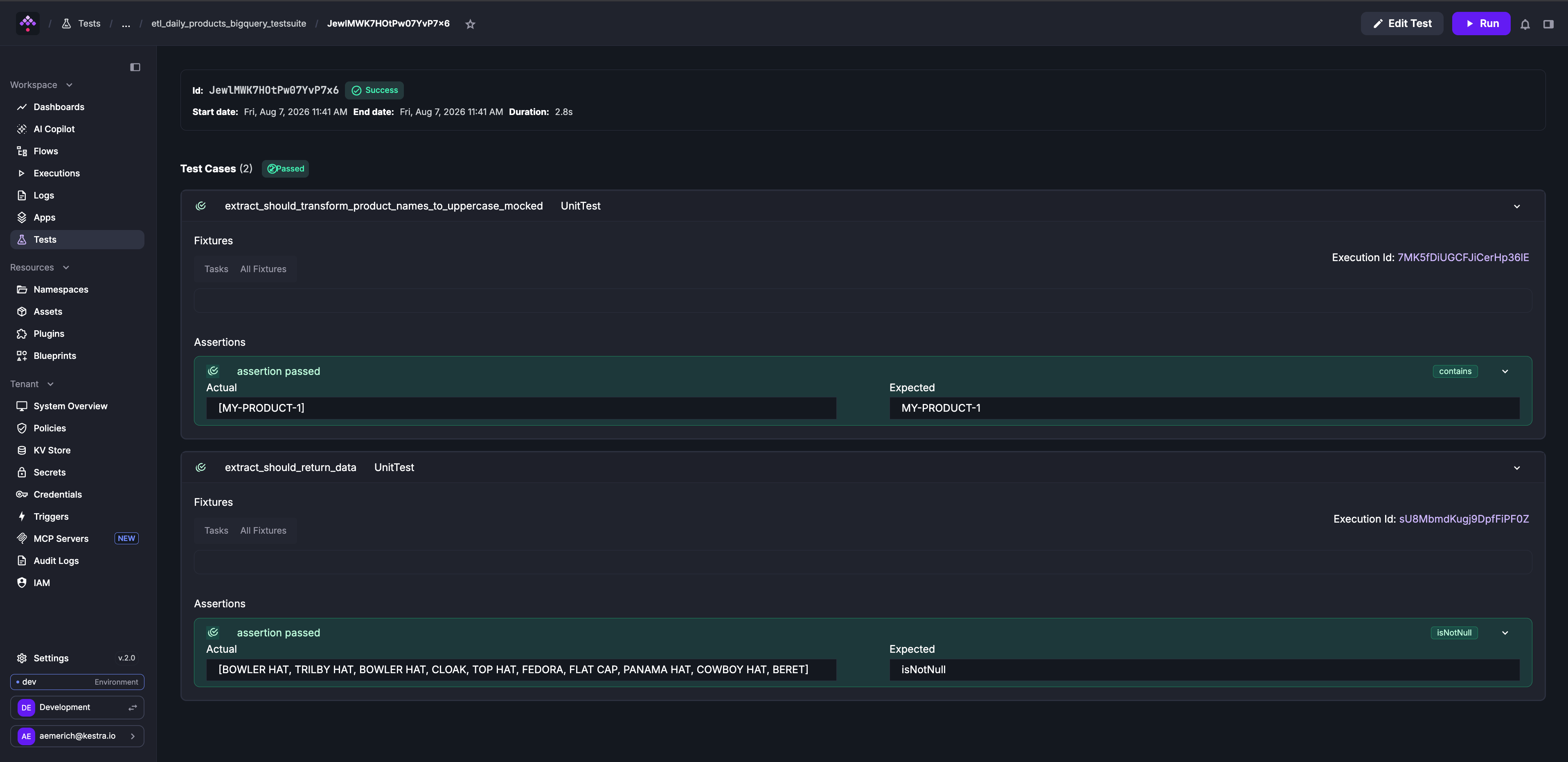 Both test cases passing with expanded assertion results