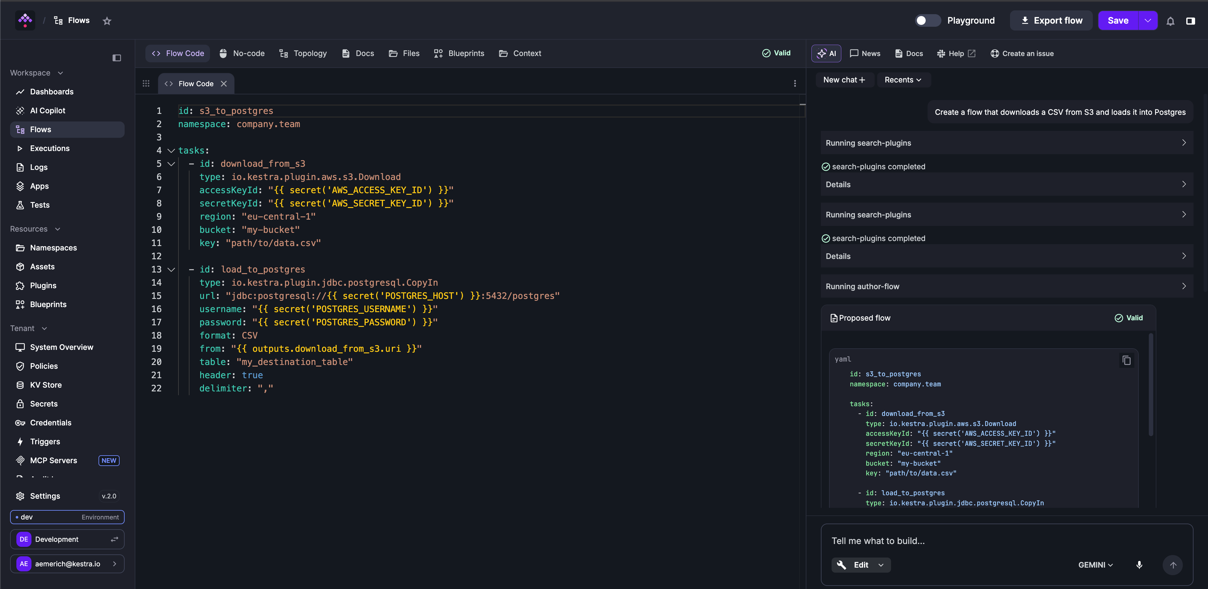 AI Copilot Edit mode sidebar showing the Copilot searching plugins and proposing a validated S3-to-Postgres flow with an Apply button