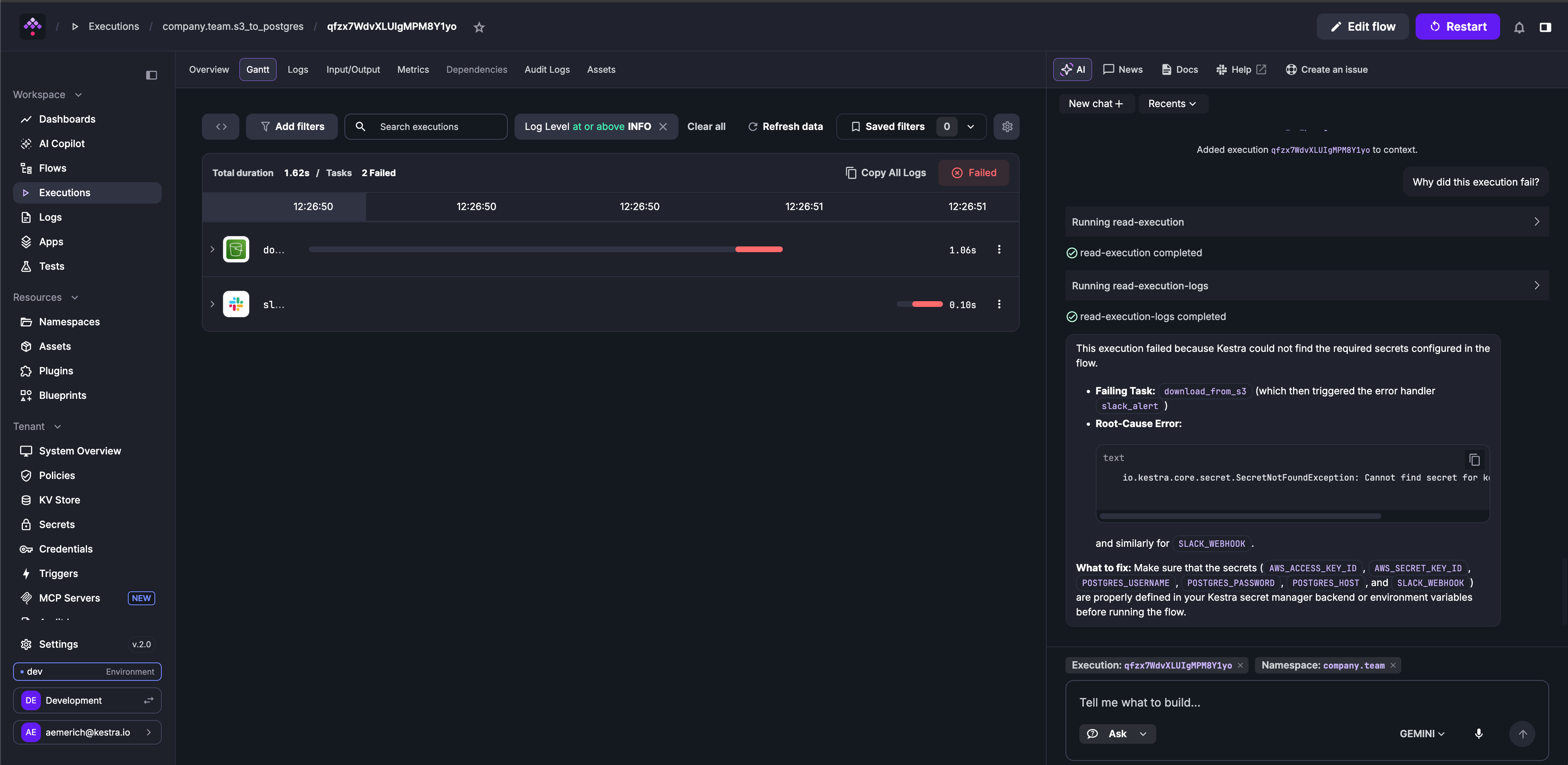 AI Copilot Ask mode showing the Copilot diagnosing a failed execution by reading logs and identifying missing secrets, with the execution and namespace context pills attached