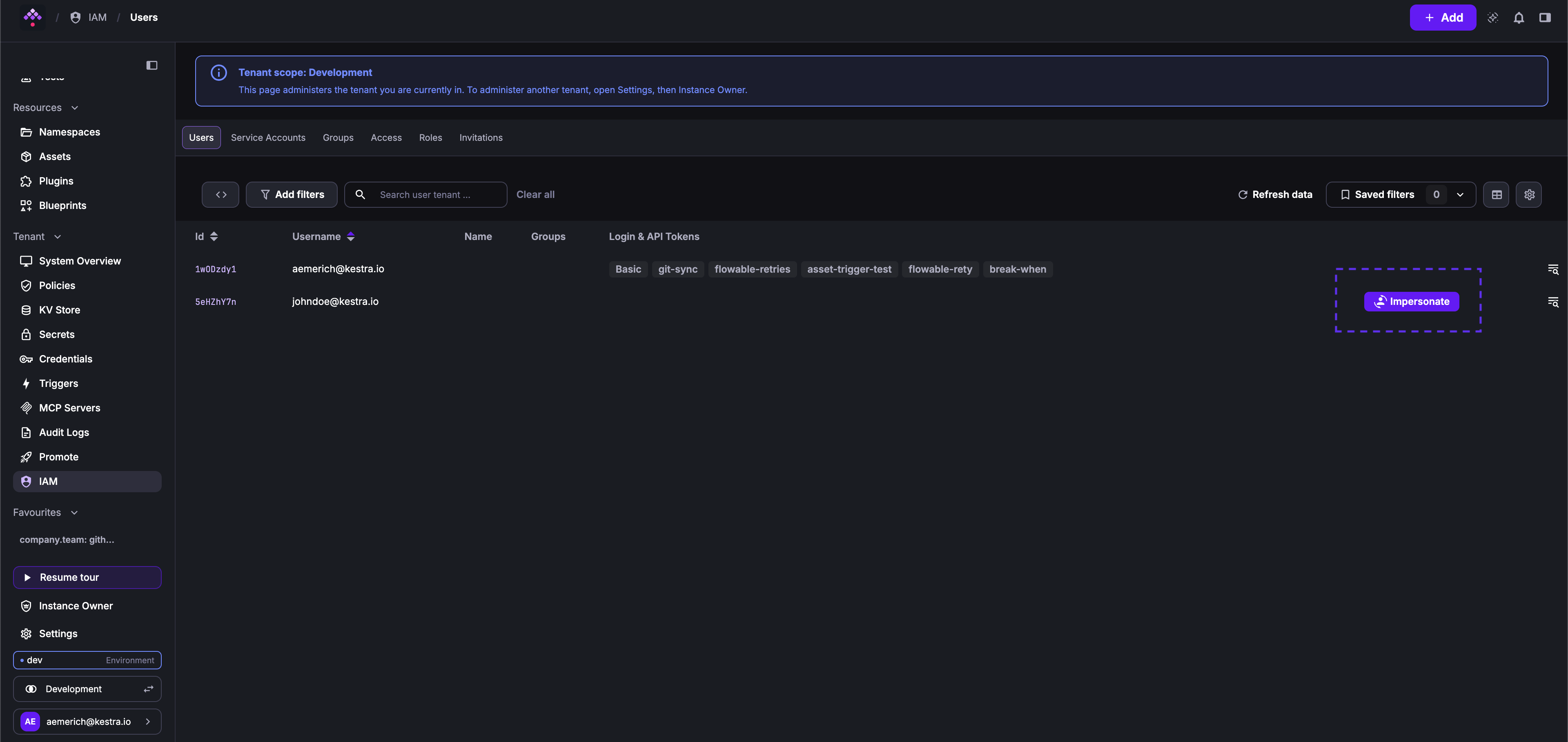 The Impersonate button appears on each user row in the IAM Users list