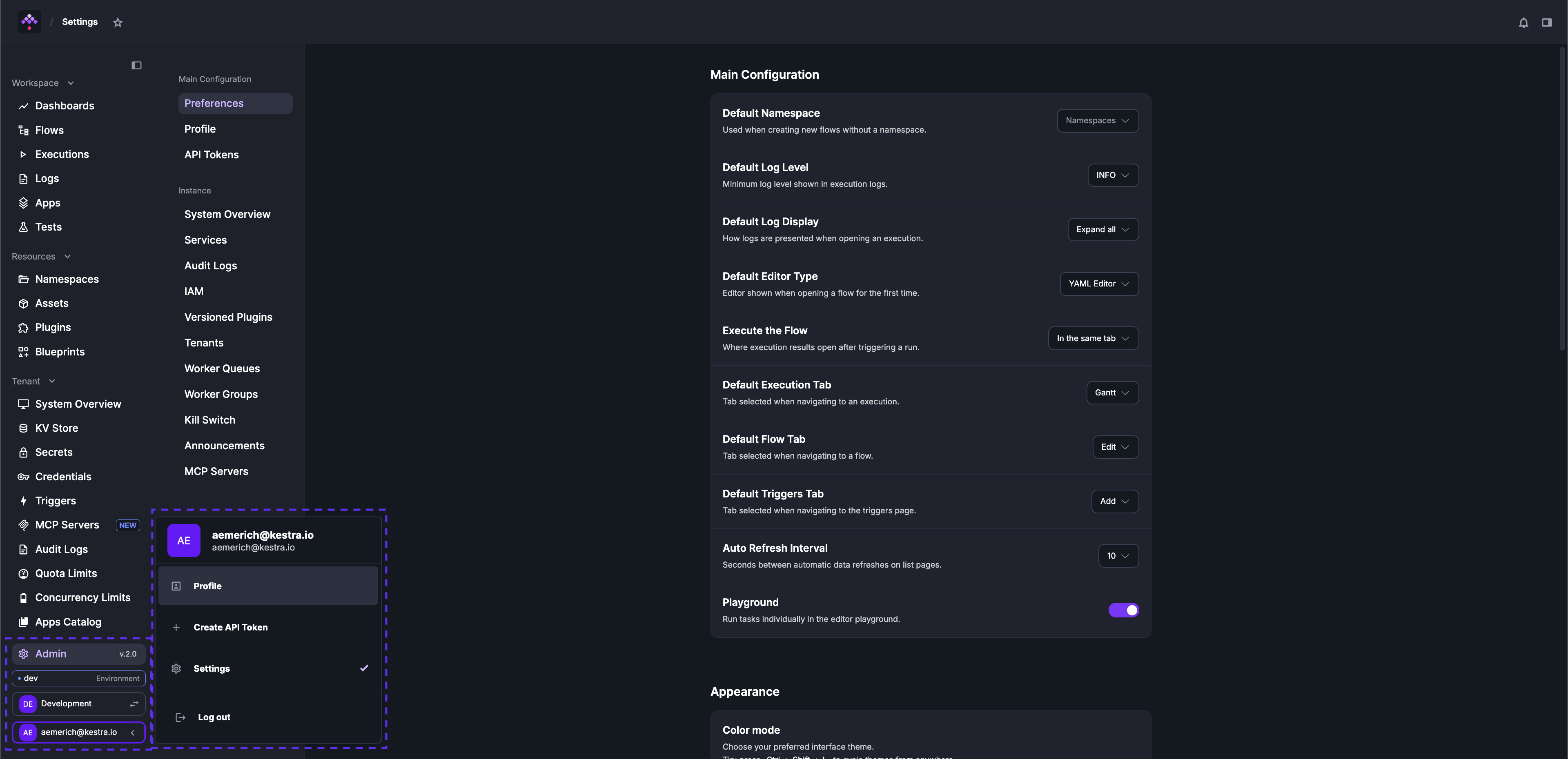 Kestra User Interface Settings Page