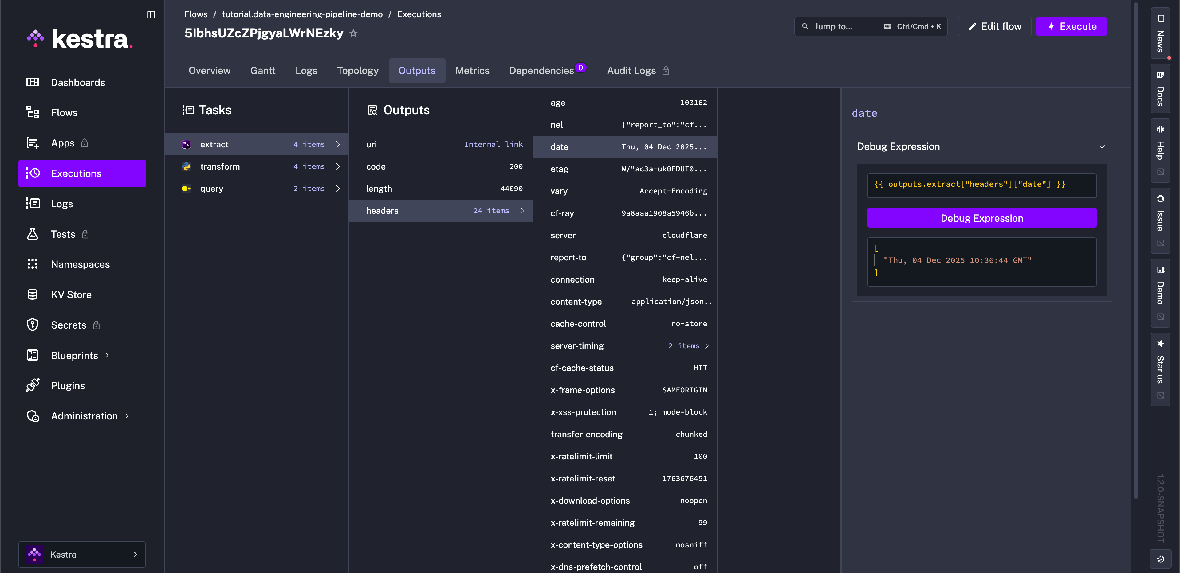 Kestra User Interface Execution Debug Expression