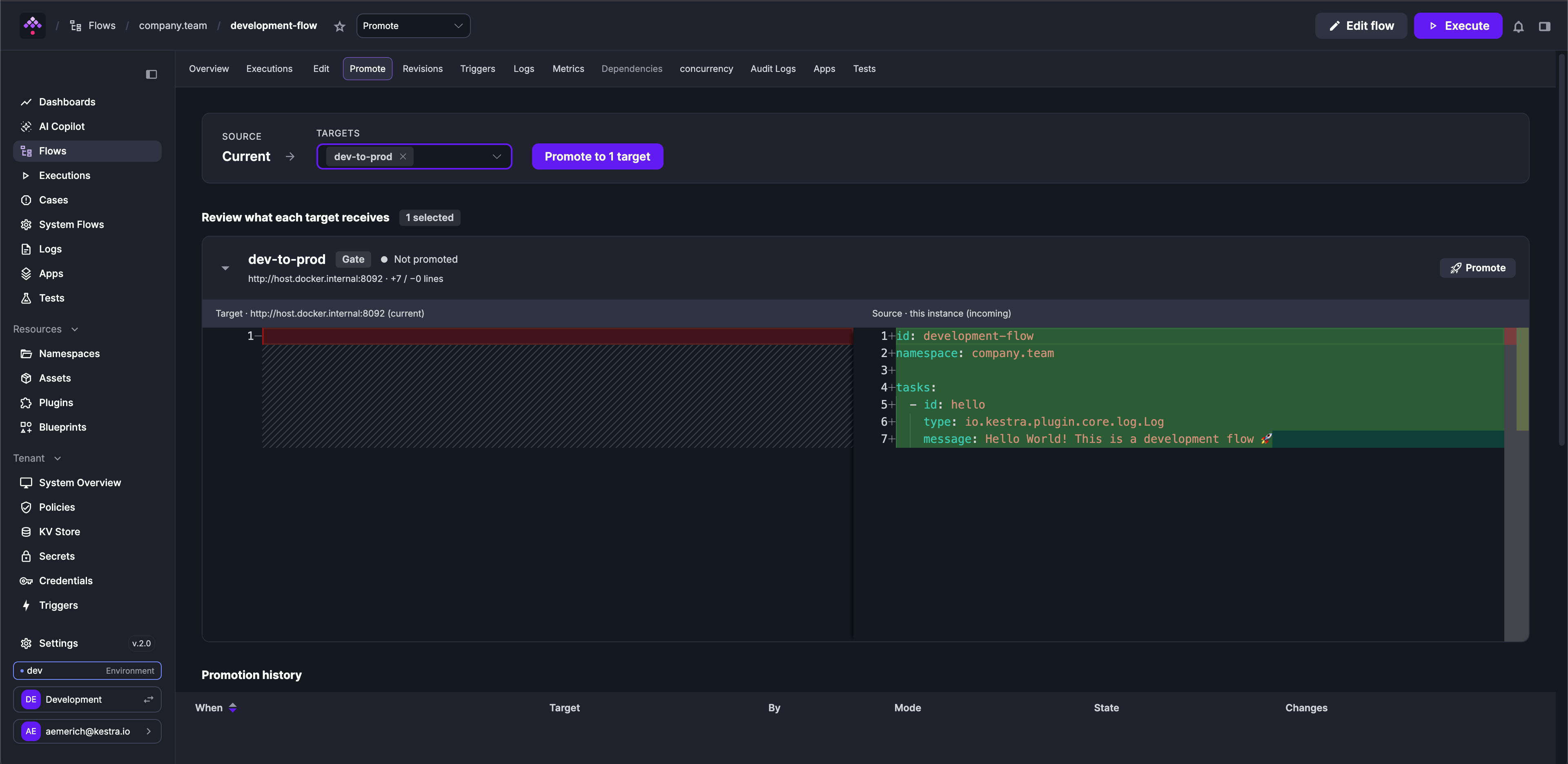 Promote tab showing a source-to-target diff with the target selector and Promote button