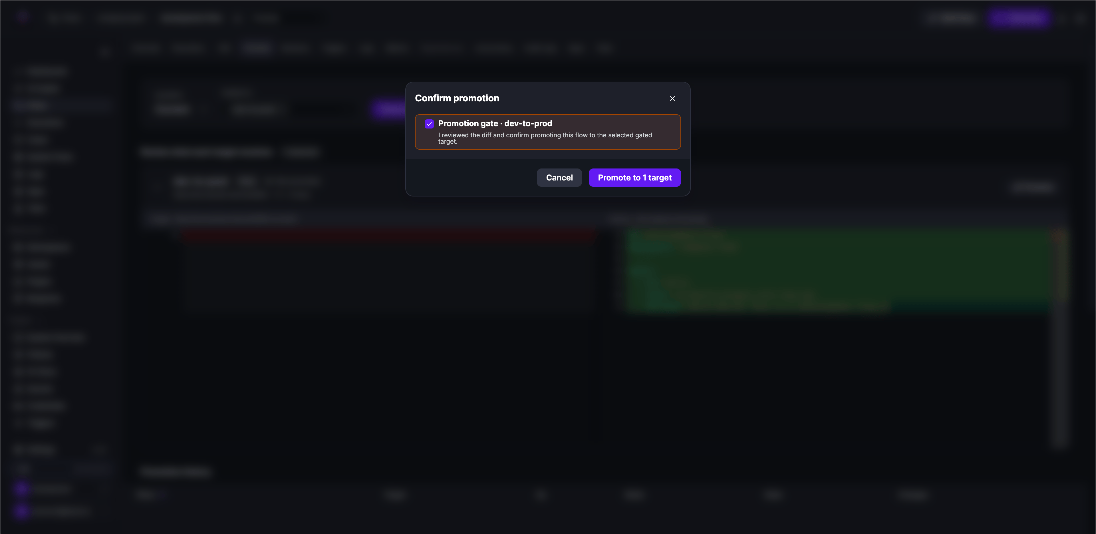 Gate confirmation dialog requiring the user to acknowledge the diff before the promotion proceeds