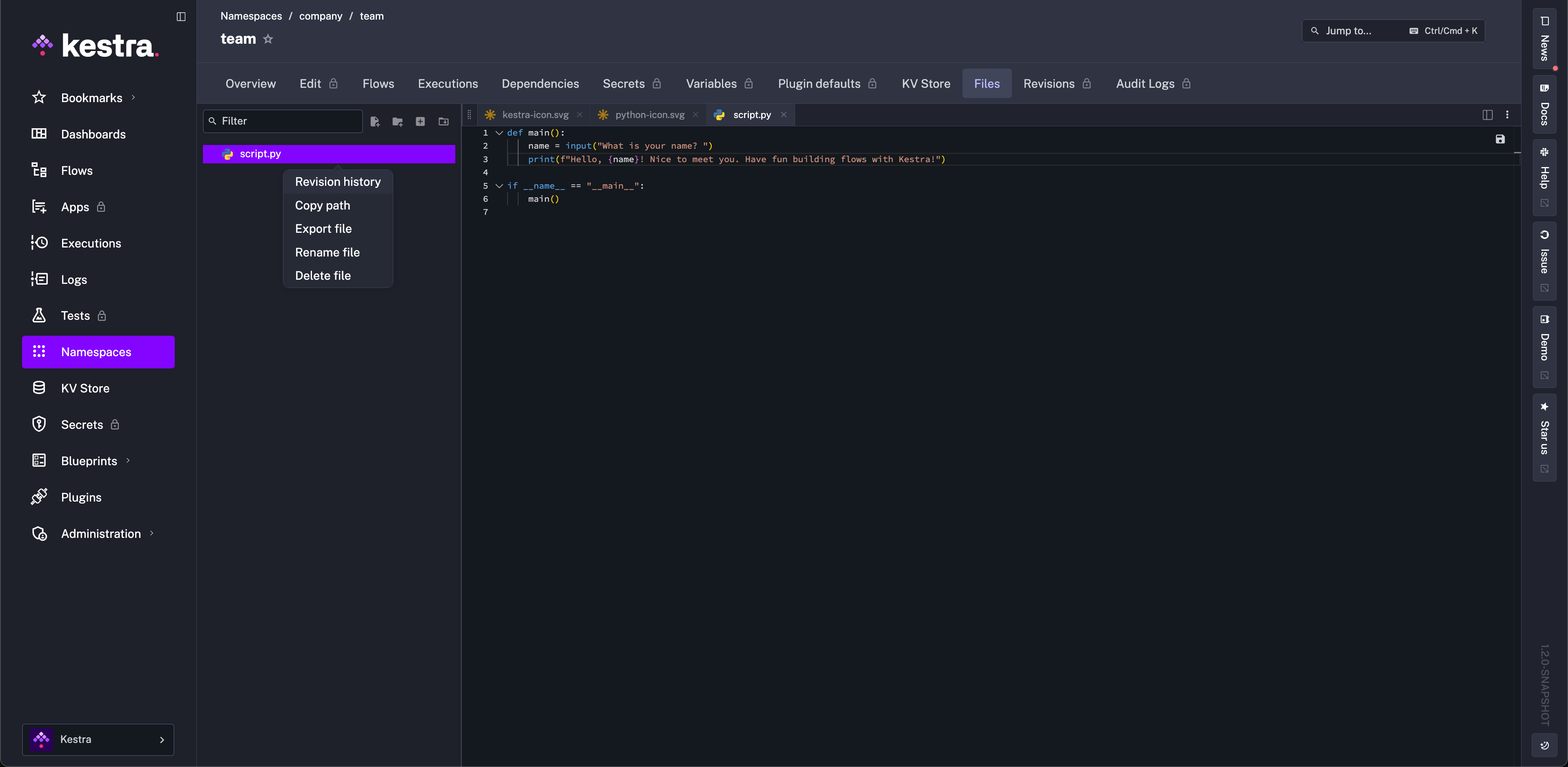 Namespace file revision history