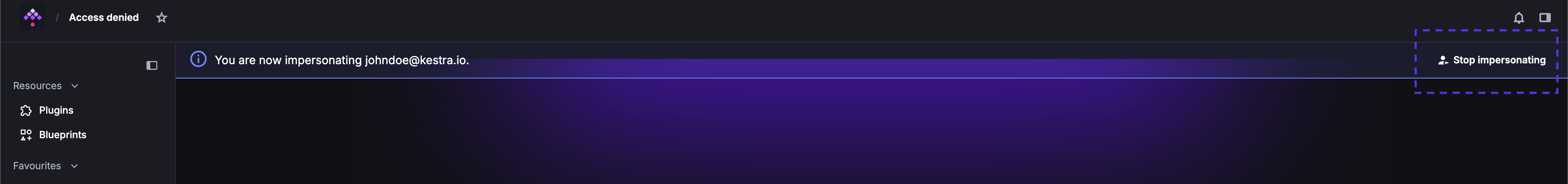 The Stop impersonating button appears in the top right during an active impersonation session