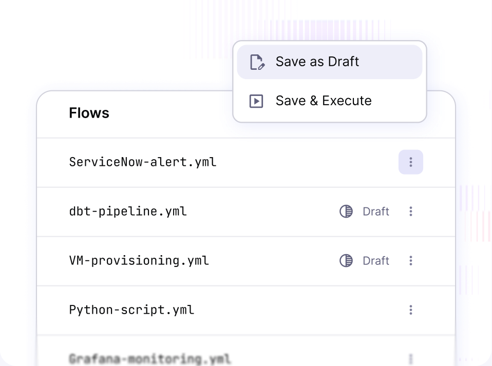 A flow list with draft revisions and a Save as Draft menu